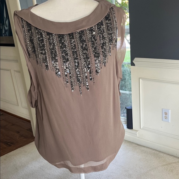 French Connection Taupe Sleeveless Blouse with Sequin Fringe - Picture 1 of 4